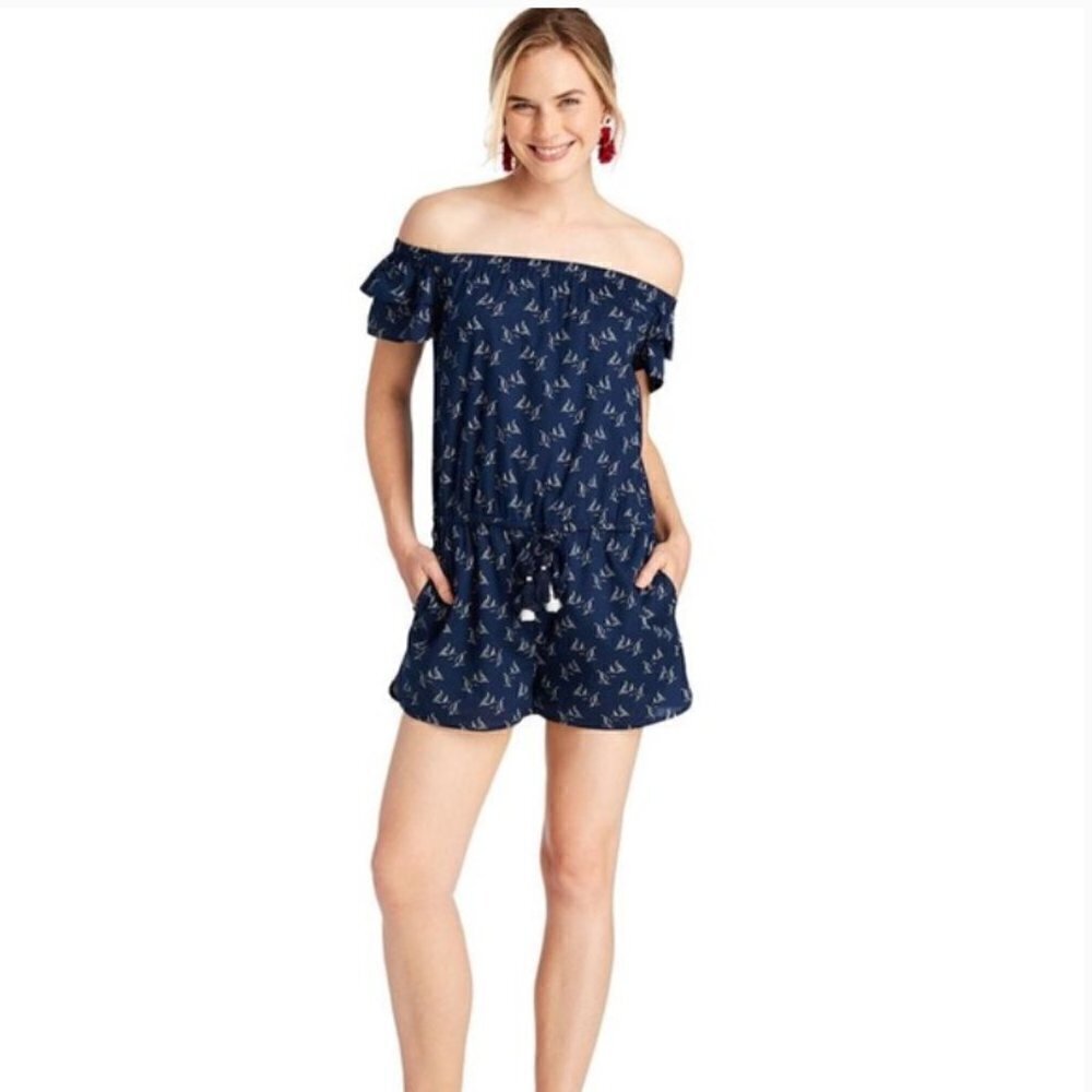 Vineyard Vines Womens Navy Cotton Off Shoulder Sailboat Romper-Size XL